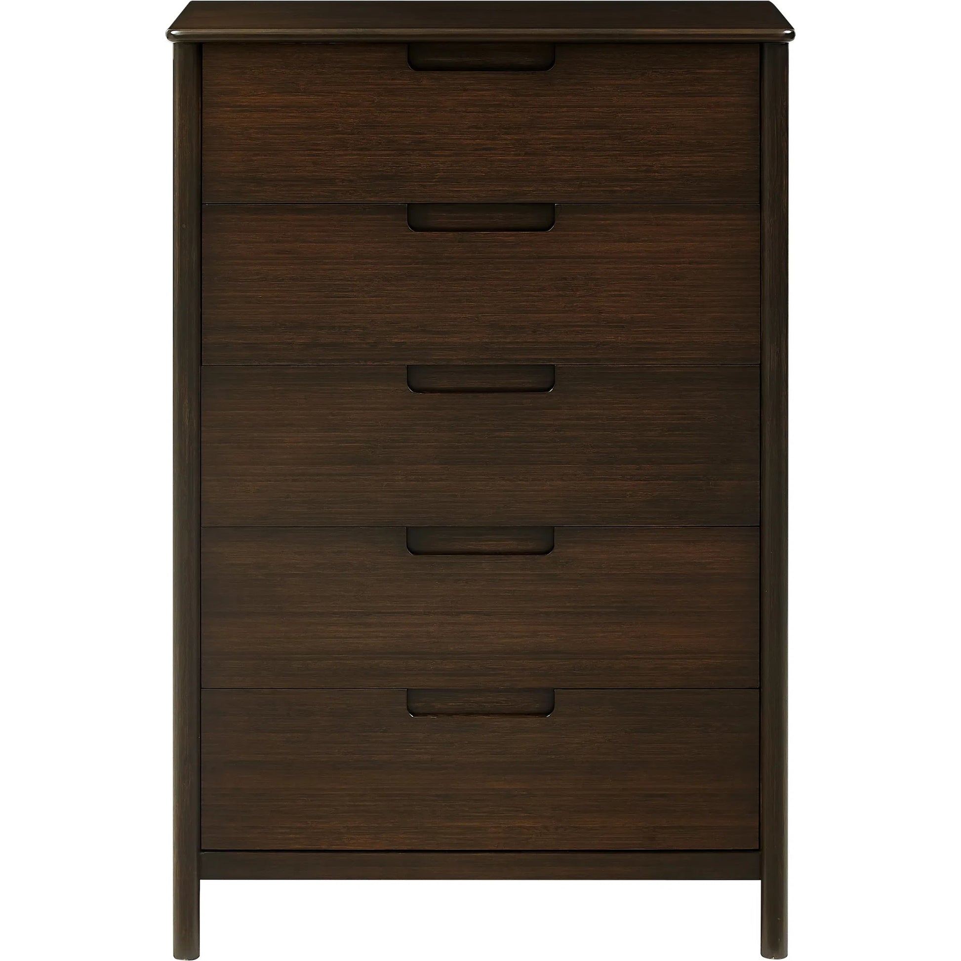 Weston Five Drawer Chest by Greenington in black walnut. Made from 100% solid moso bamboo in a rustic style.