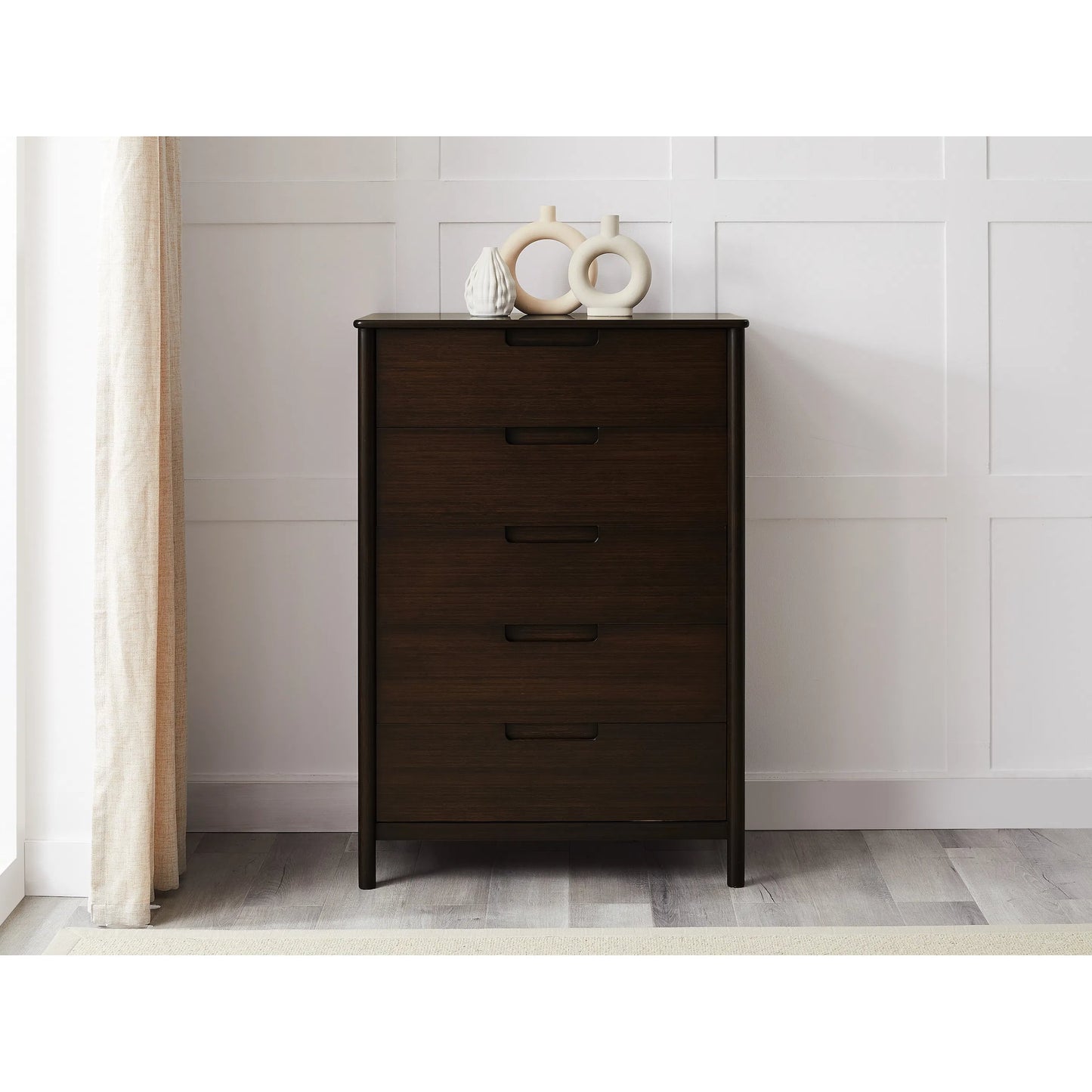 007 SI-2449227 | Lifestyle | Weston Five Drawer Chest by Greenington in black walnut. Made from 100% solid moso bamboo in a rustic style.