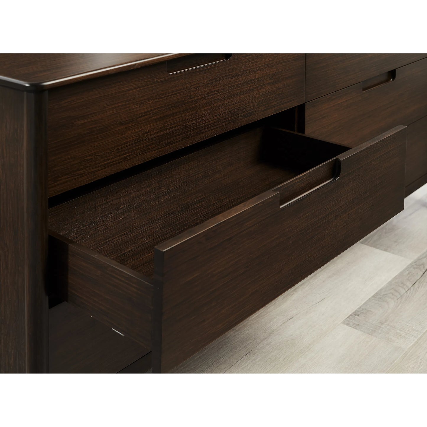 006 SI-2449229 | Closeup | Weston Six Drawer Dresser by Greenington in black walnut. Made from 100% solid moso bamboo in a rustic style.