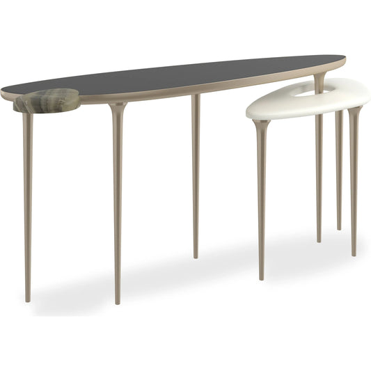 Echo Console Table by Caracole in champagne gold. Made from metal, glass, stone in a modern style.