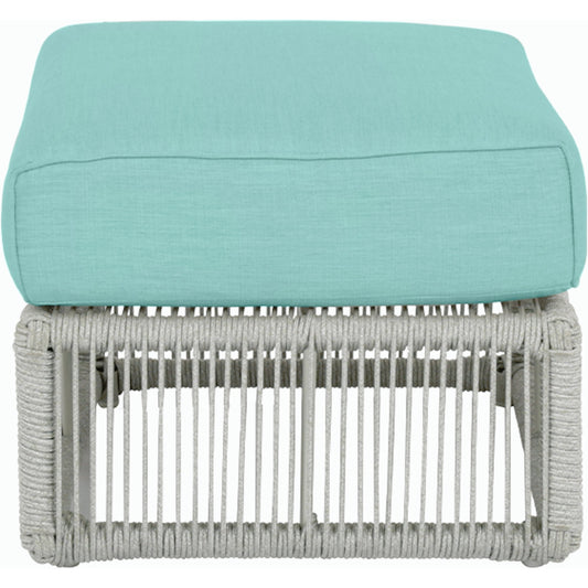 Miami Outdoor Ottoman by Sunset West in frost. Made from olefin rope in a coastal style.