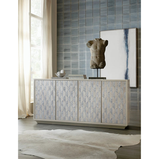 Melange Emile Credenza by Hooker Furniture in gray and gray. Made from dyed charcoal quartered hickory veneer with dyed charcoal burl veneer in a modern style.