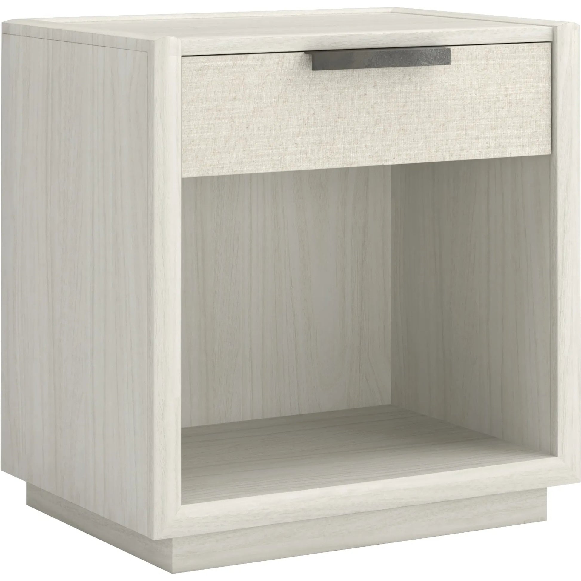 Cotiere Open Nightstand by A.R.T. Furniture in linen. Made from parawood solids, mixed split cathedral, quarter white oak veneers, fabric in a transitional style.