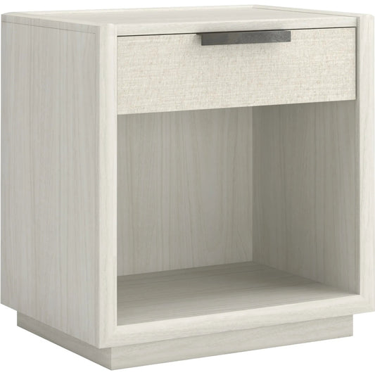Cotiere Open Nightstand by A.R.T. Furniture in linen. Made from parawood solids, mixed split cathedral, quarter white oak veneers, fabric in a transitional style.