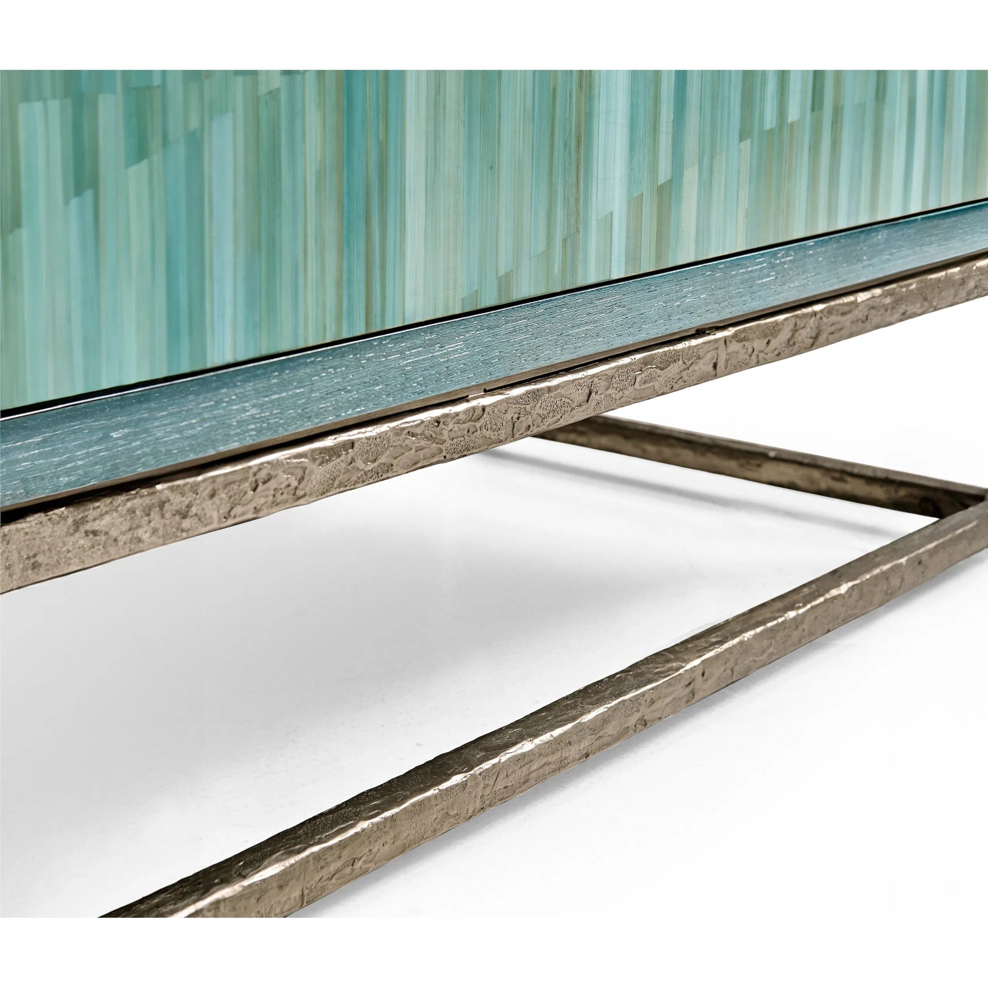 Seaglass Bunching Chest by Jonathan Charles in blue and blue straw. Made from koto veneer, stainless steel, straw in a eclectic & global style.