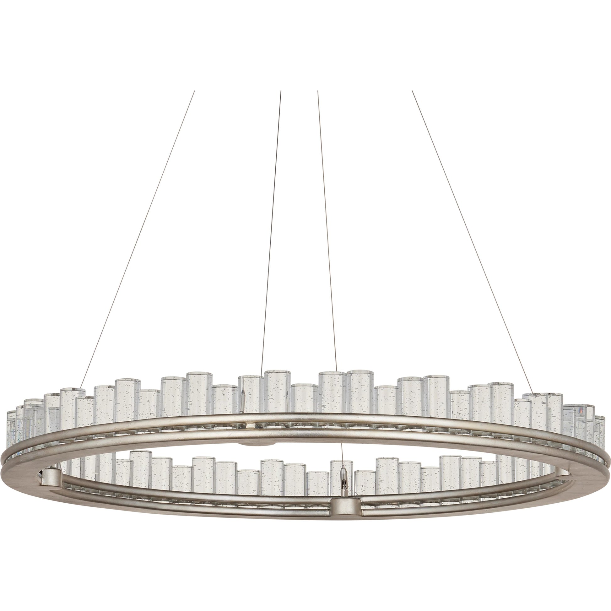 Pleiades Chandelier by Currey and Company in contemporary silver leaf, contemporary silver, clear. Made from wrought iron, seeded crystal in a modern style.