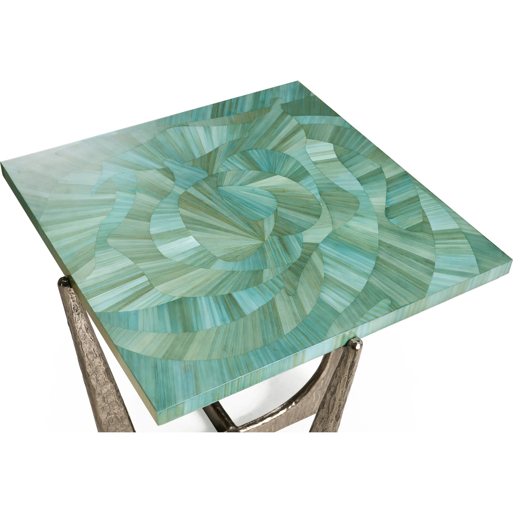 Seaglass End Table by Jonathan Charles in blue and blue straw. Made from stainless steel, plywood, straw in a eclectic & global style.