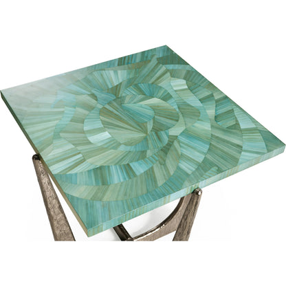 Seaglass End Table by Jonathan Charles in blue and blue straw. Made from stainless steel, plywood, straw in a eclectic & global style.