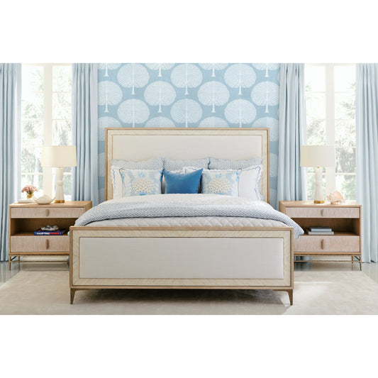Water Tideline Bone & Linen King Upholstered Bed by Jonathan Charles in dyed koto. Made from dyed koto veneer, faux bone, metal, foam, fabric in a unique style.