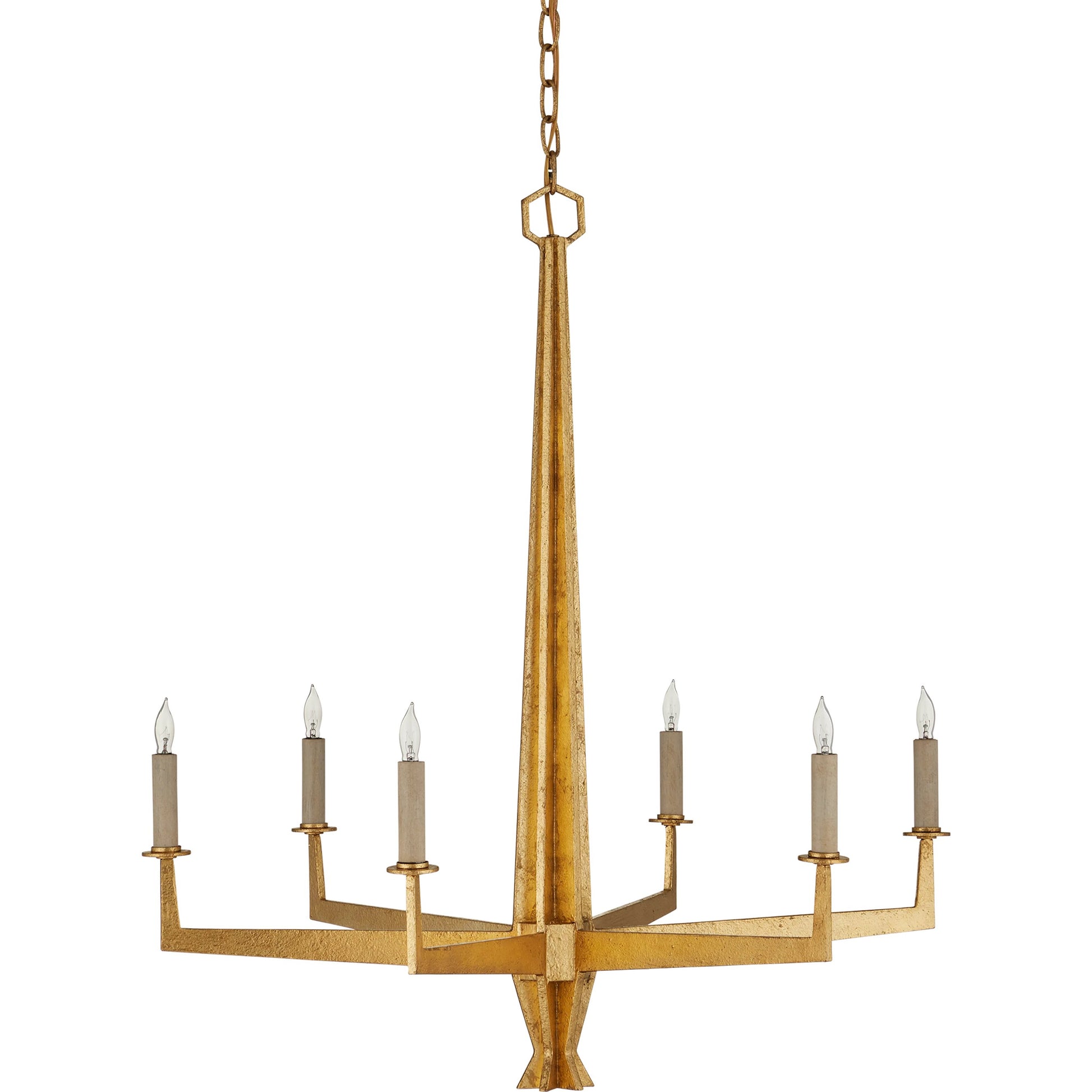 Goldfinch Chandelier by Currey and Company in washed lucerne gold. Made from wrought iron in a modern style.