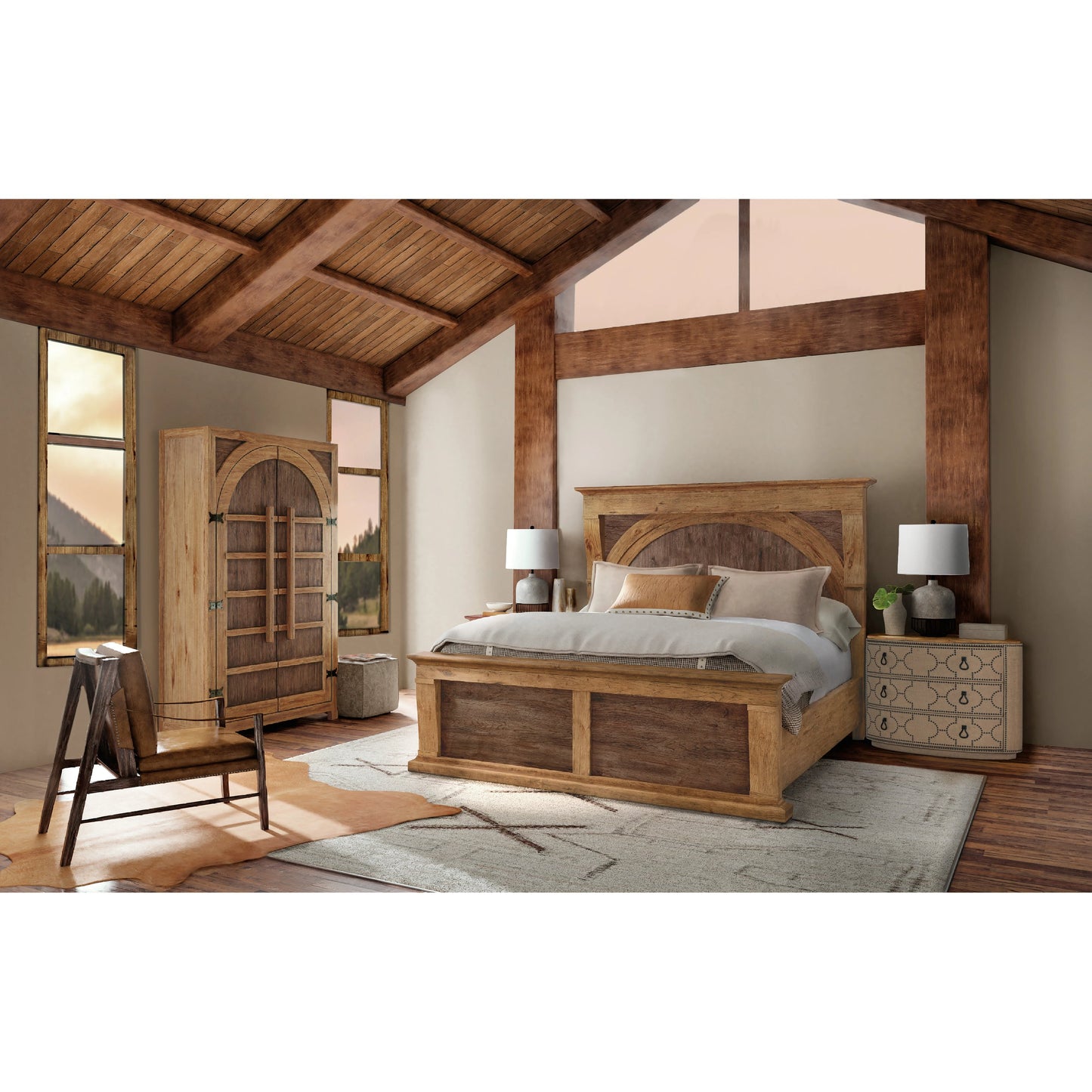 001 SI-1959500,SI-1959501 | Lifestyle | Big Sky Corbel Bed by Hooker Furniture in vintage natural. Made from pecky hickory veneers in a modern style.