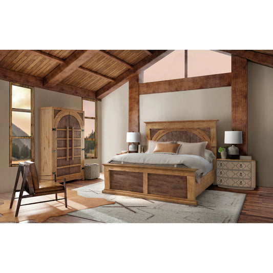 Big Sky Corbel Bed by Hooker Furniture in vintage natural. Made from pecky hickory veneers in a modern style.