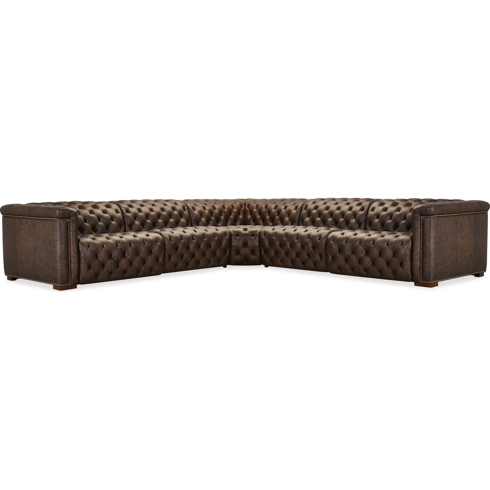 Savion Deux 5 Seat Sectional with Four Power Recliners and Six Power Headrests by Hooker Furniture in dark wood. Made from unique in a traditional style.