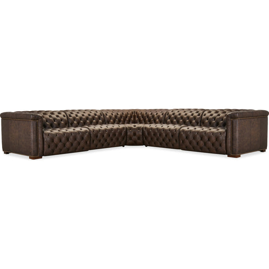 Savion Deux 5 Seat Sectional with Four Power Recliners and Six Power Headrests by Hooker Furniture in dark wood. Made from unique in a unique style.