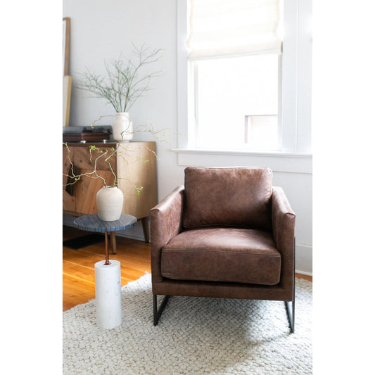 Dusk Accent Table by Moe's Home Collection. Made from dark grey marble top, white marble base, brass finished iron post in a modern style.