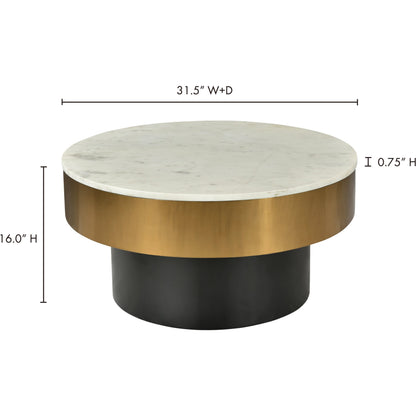 Dado Table by Moe's Home Collection in white and brass, black. Made from marble top, iron base, brass rim in a modern style.