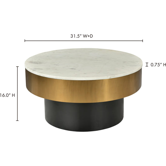 Dado Table by Moe's Home Collection in white and brass, black. Made from marble top, iron base, brass rim in a modern style.