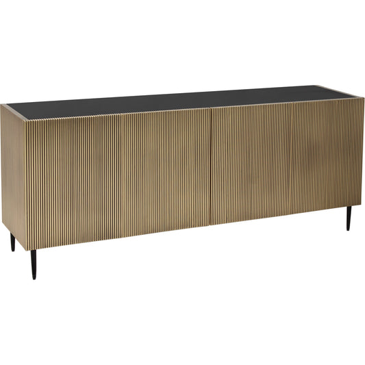 Brogan Sideboard by Moe's Home Collection in black, brass and antique brass. Made from antique-brass finished sides, doors, solid mango wood top, iron legs, mdf in a modern style.
