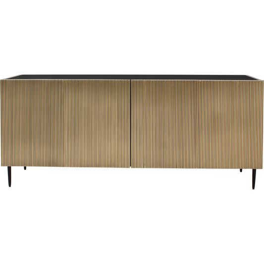 Brogan Sideboard by Moe's Home Collection in black, brass and antique brass. Made from antique-brass finished sides, doors, solid mango wood top, iron legs, mdf in a modern style.