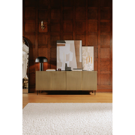 Brogan Sideboard by Moe's Home Collection in black, brass and antique brass. Made from antique-brass finished sides, doors, solid mango wood top, iron legs, mdf in a modern style.