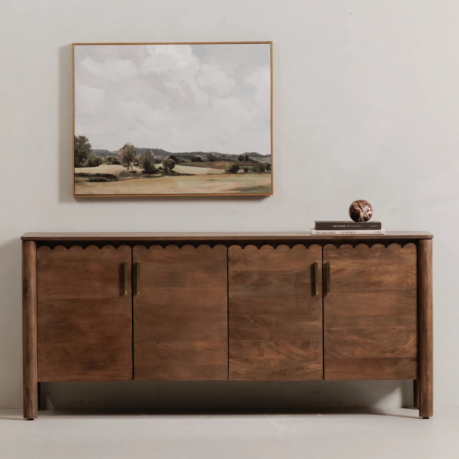 Wiley 4 Door Sideboard by Moe's Home Collection in vintage brown. Made from mango wood, mango wood veneer over mdf back, drawer bottom in a traditional style.