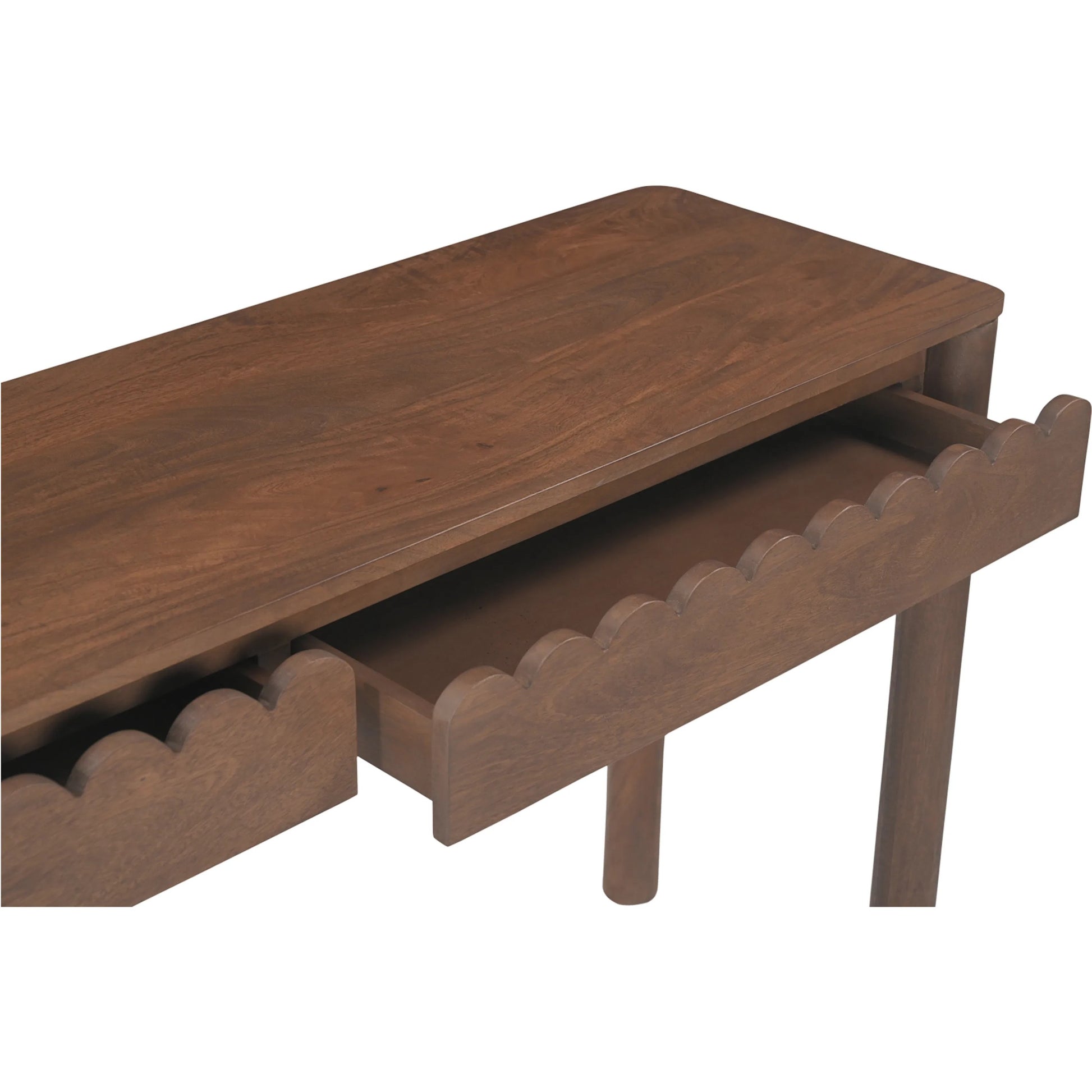 Wiley Console Table by Moe's Home Collection in vintage brown. Made from mango wood, mango wood veneer over mdf back, drawer bottom in a traditional style.