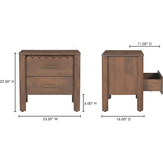 Wiley Nightstand by Moe's Home Collection in vintage brown. Made from mango wood, mango wood veneer over mdf back, drawer bottom in a unique style.