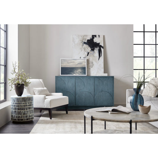 Melange Round Valley Three Door Entertainment Credenza by Hooker Furniture in blue. Made from oak veneers in a modern style.