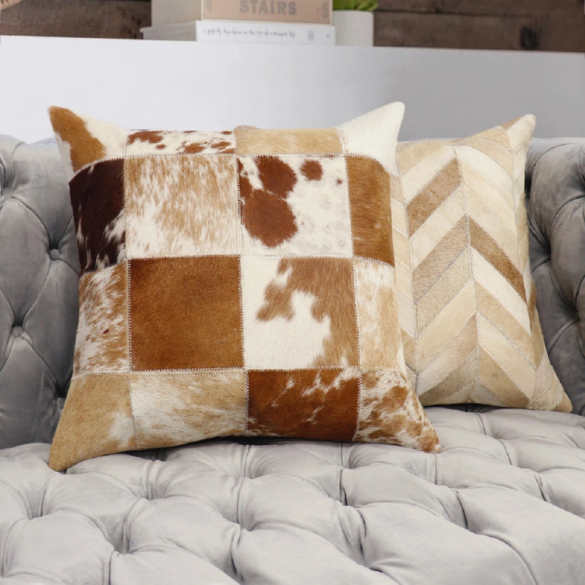Safari Checkered Cowhide Throw Pillow by Pasargad Home. Made from cowhide in a modern style.