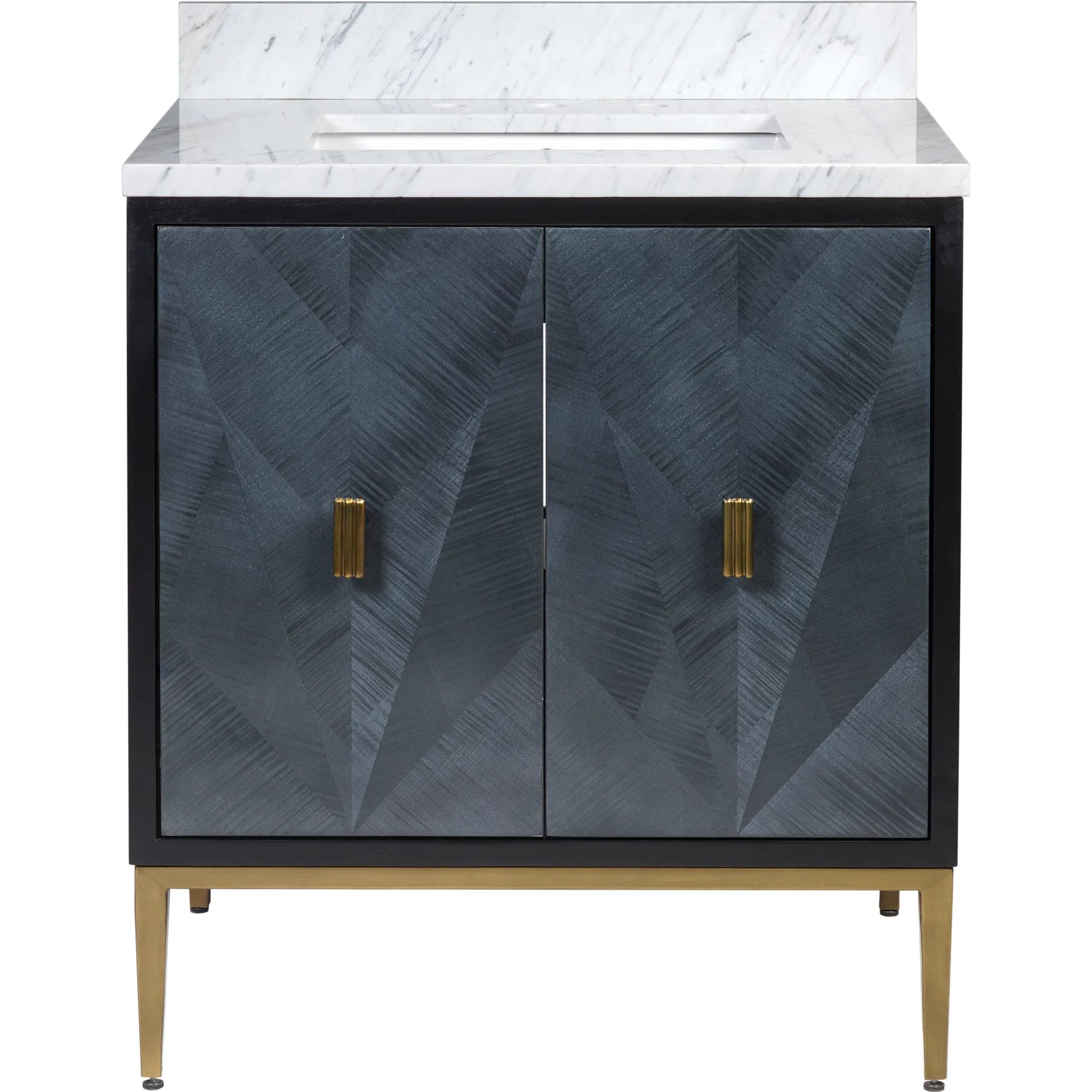 Kallista 30" Blue Vanity with Undermount Sink by Currey and Company in dark sapphire, caviar black, natural, white, antique brass. Made from sycamore veneer, mahogany veneer, carrera marble, vitreous china, iron, brass in a eclectic & 