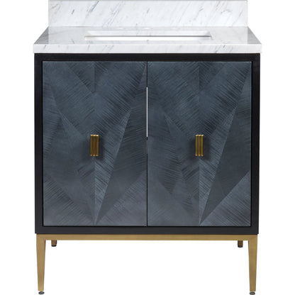 Kallista 30" Blue Vanity with Undermount Sink by Currey and Company in dark sapphire, caviar black, natural, white, antique brass. Made from sycamore veneer, mahogany veneer, carrera marble, vitreous china, iron, brass in a eclectic & 