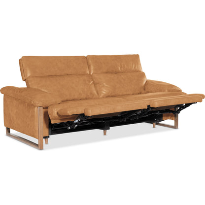 Jericho Power Sofa with Power Headrest by Hooker Furniture in dark wood. Made from leather in a traditional style.