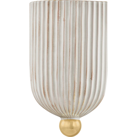 Amira Wall Sconce by Mitzi in aged brass, ceramic fluted cream. Made from ceramic in a unique style.