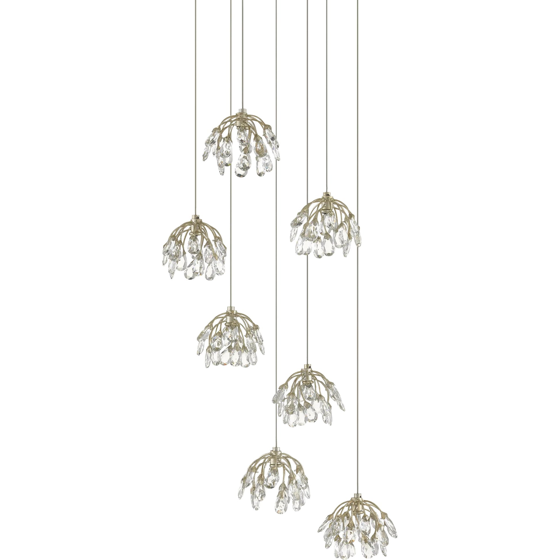Crystal Bud Pendant by Currey and Company in painted silver, contemporary silver leaf. Made from crystal, wrought iron in a transitional style.