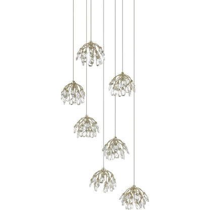 Crystal Bud Pendant by Currey and Company in painted silver, contemporary silver leaf. Made from crystal, wrought iron in a transitional style.