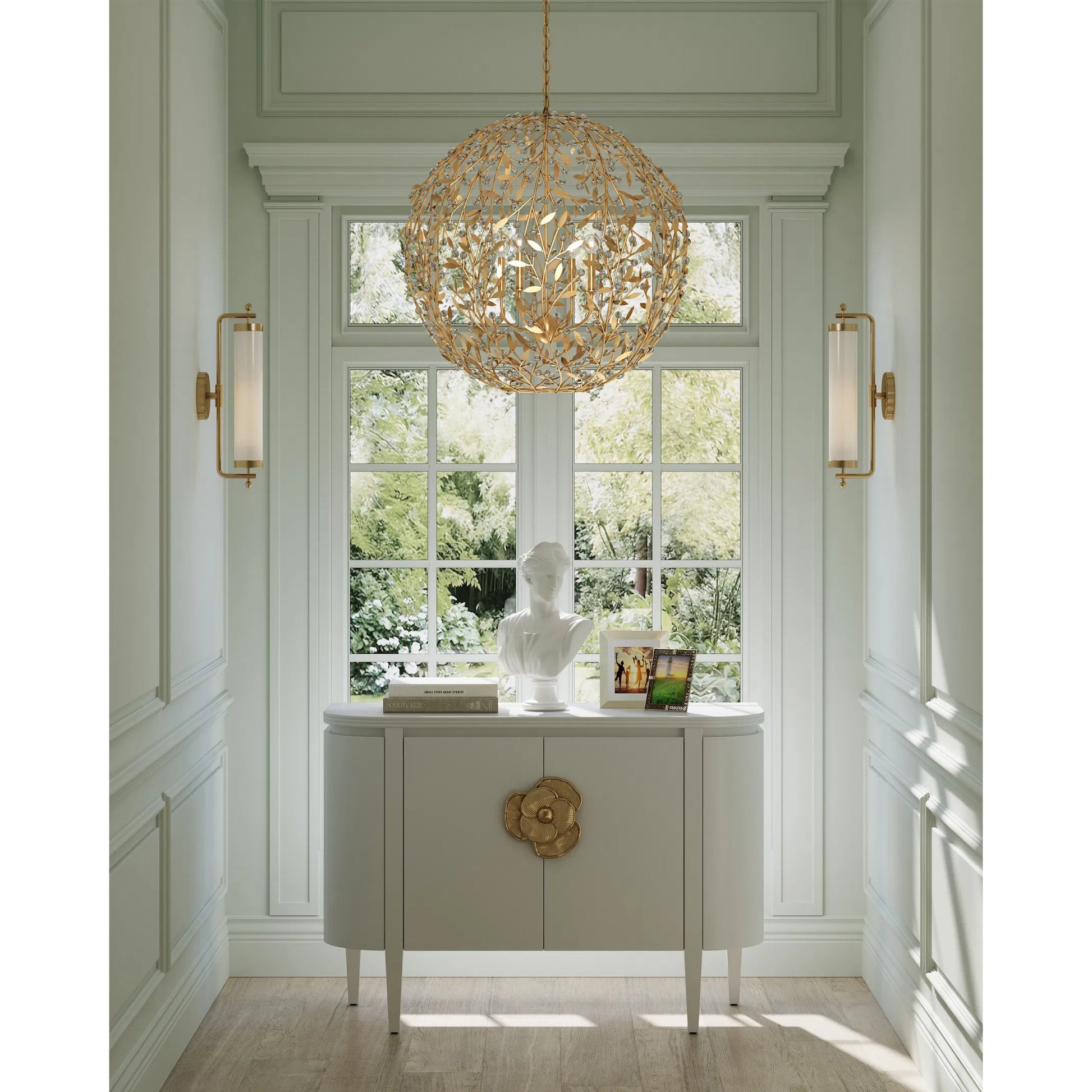 Secret Garden Orb Chandelier by Currey and Company in clear, contemporary gold leaf, contemporary gold. Made from crystal, wrought iron in a modern style.