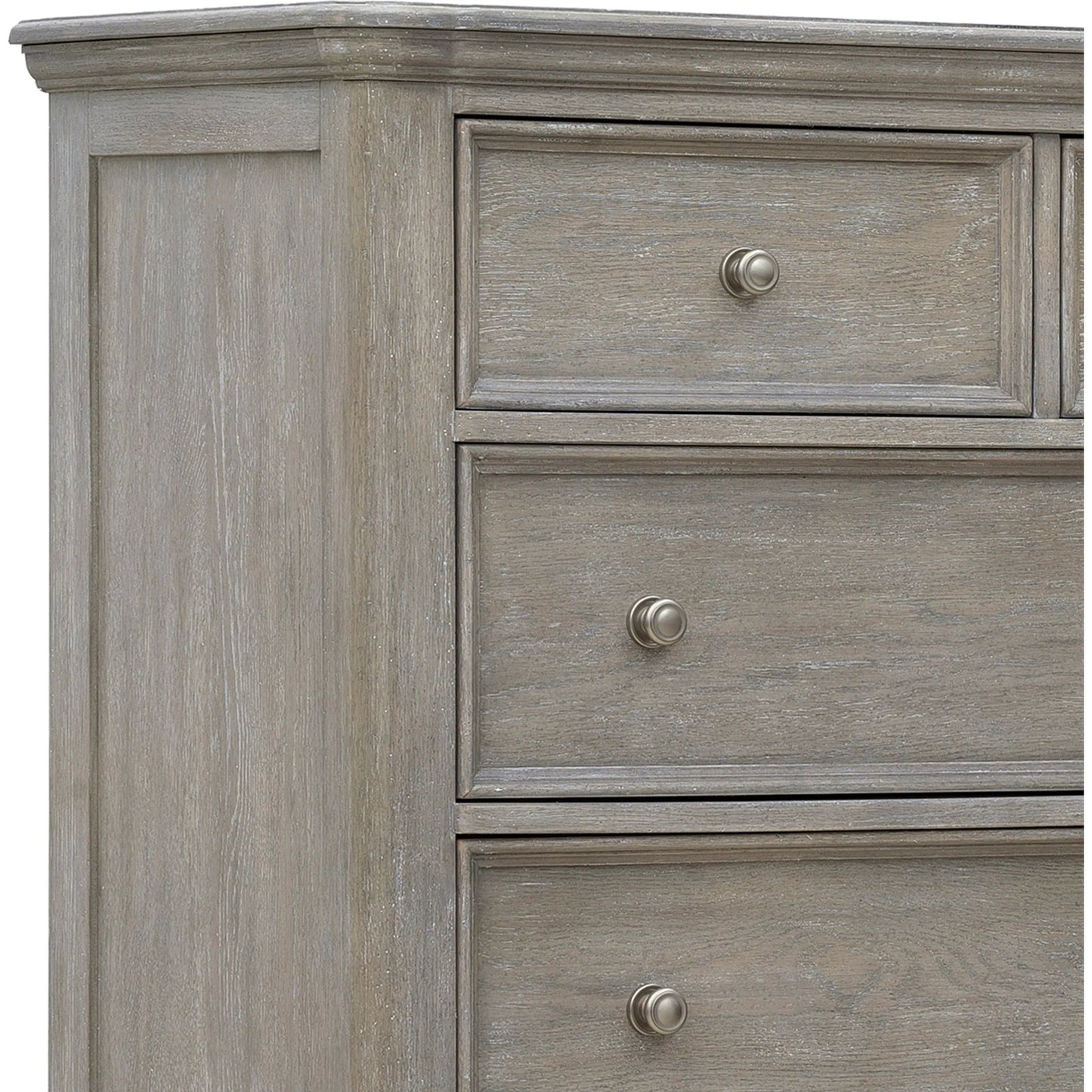 006 SI-2332652 | Closeup | Abbotts Glen 6 Drawer Chest by Pulaski Furniture in windmill grey. Made from split heart cathedral oak in a transitional style.