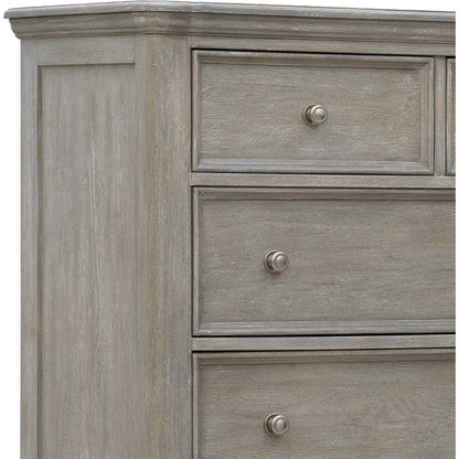 Abbotts Glen 6 Drawer Chest by Pulaski Furniture in windmill grey. Made from split heart cathedral oak in a transitional style.