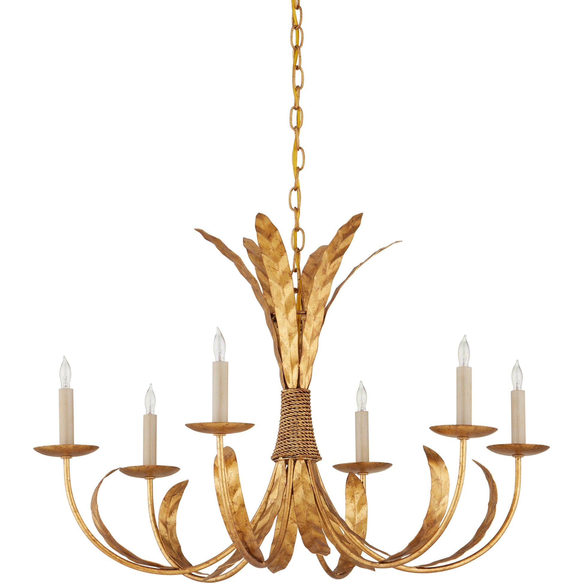 Bette Chandelier by Currey and Company in grecian gold leaf. Made from wrought iron in a traditional style.