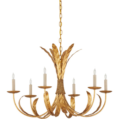 Bette Chandelier by Currey and Company in grecian gold leaf. Made from wrought iron in a traditional style.