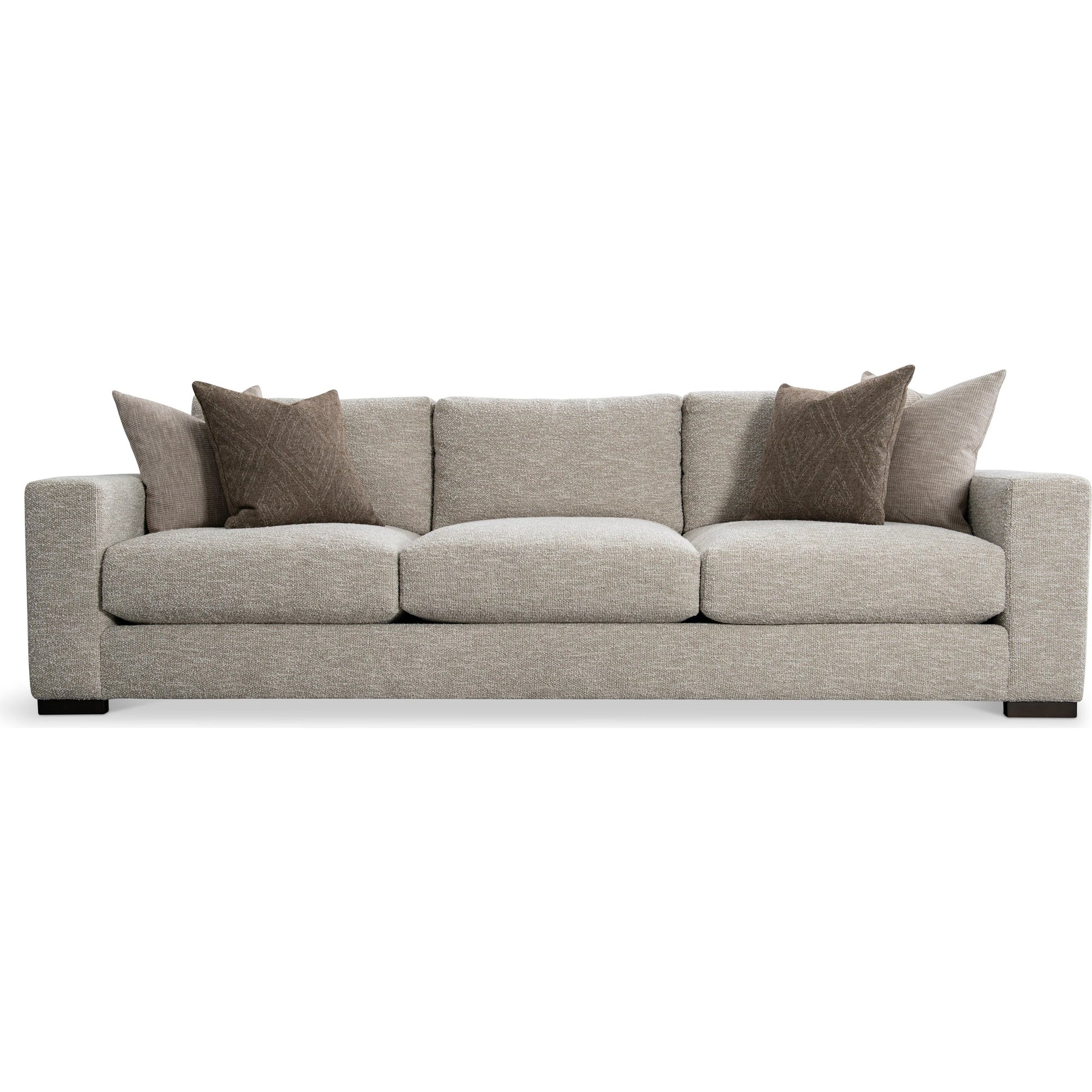 Drew Fabric Sofa by Bernhardt in beige. Made from polyfoam core, virgin polyester fibers, waterfowl feathers, waterfowl down in a transitional style.