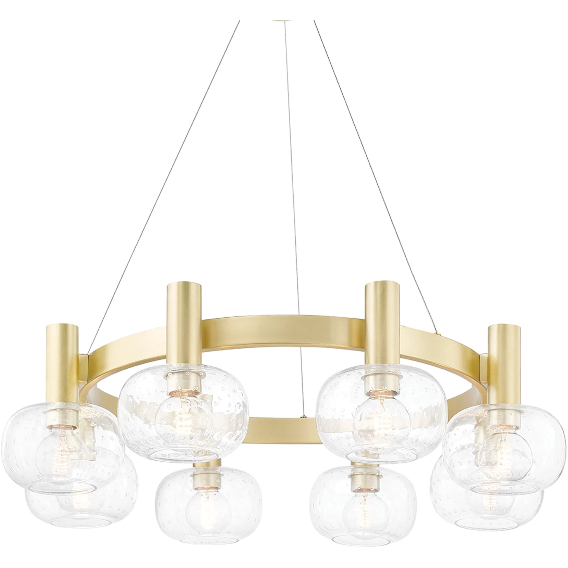Harlow 8 Light Chandelier by Mitzi in aged brass. Made from steel in a transitional style.