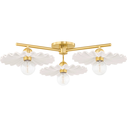 Tinsley Semi Flush by Mitzi in aged brass, white. Made from steel in a transitional style.
