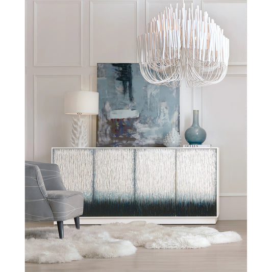 Melange Mediterranean Entertainment Credenza by Hooker Furniture in white. Made from pine, maple veneers in a modern style.