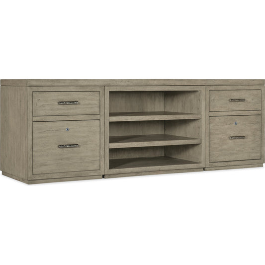 Linville Falls Credenza with 2 Small Files and Open by Hooker Furniture in mink, antique pewter. Made from oak veneers in a modern style.