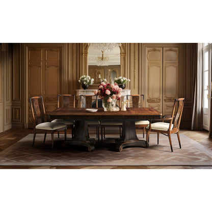 Rosette Dining Table by Jonathan Charles in medium crotch walnut. Made from celejeria veneer, brass, acacia veneer, beech, plywood in a modern style.