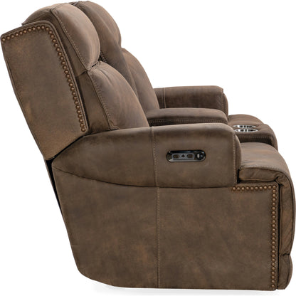 Wheeler Power Console Loveseat by Hooker Furniture in seville timber. Made from leather, seville timber (aniline). seville timber features natural hallmarks of the trail such as fat wrinkles healed scars, scratches, mite 
