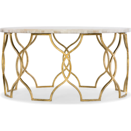 Corrina Cocktail Table by Hooker Furniture in gold leaf. Made from gold leaf with onyx in a modern style.