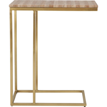 Dezi C Table by Currey and Company in natural, brass. Made from travertine, brass, iron in a transitional style.