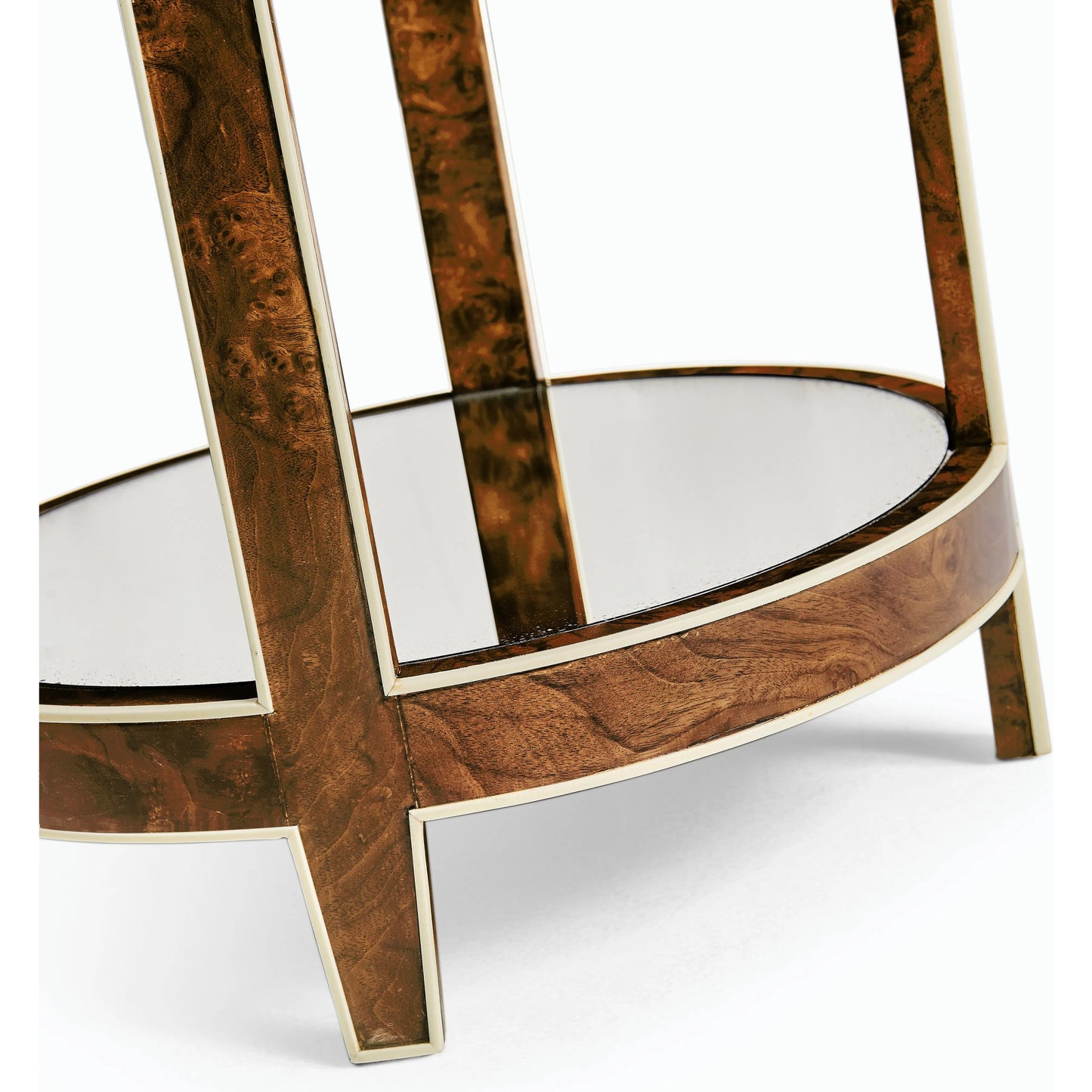 007 SI-2186358 | Closeup | Jacques Round End Table by Jonathan Charles in brown and medium brown mahogany. Made from mahogany veneers, faux bone, glass in a modern style.